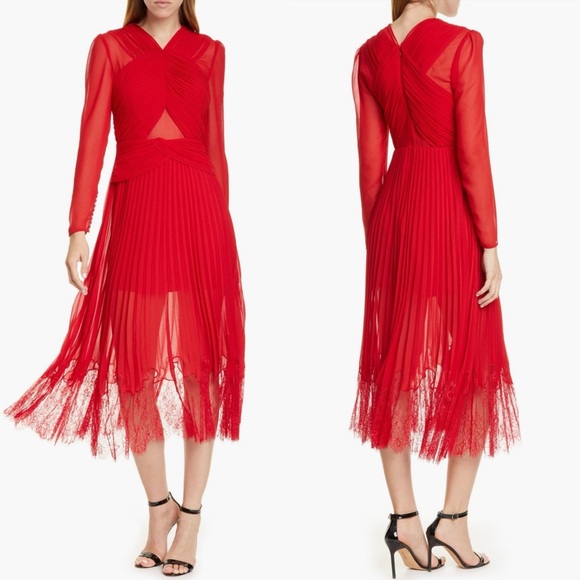 SELF PORTRAIT DARK RED CROSS FRONT LONG SLEEVE PLEATED SKIRT LACE MIDI DRESS - Picture 2 of 15